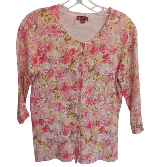 Merona Floral Print Cardigan Sweater Cotton Blend 3/4 Sleeves Mukticolor Small - Picture 1 of 10